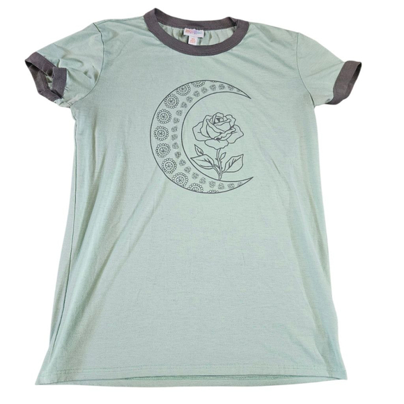 LuLaRoe Liv XS Mint Green Gray Moon Rose Short Sleeve T-shirt - Picture 2 of 7